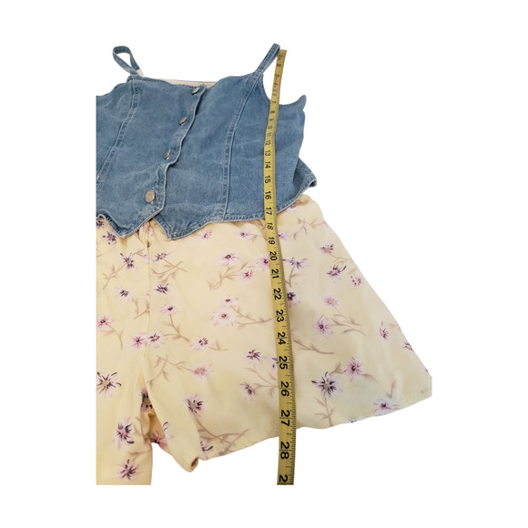 Vintage Skort Romper Girls XL Blue Denim Yellow Floral Spaghetti Strap One Piece - Picture 3 of 15